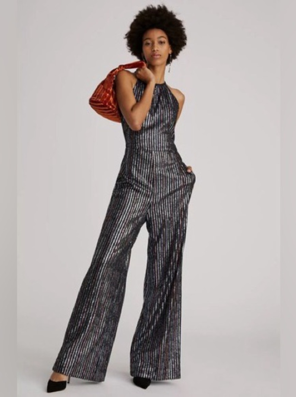 NWT Anthropologie Maeve Sequin Disco Jumpsuit Black Multicolor Size 8